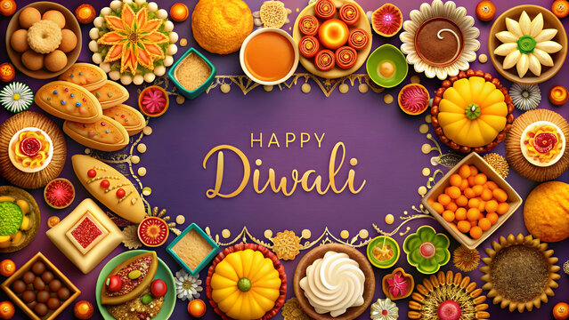 diwali sweets and happy diwali text with copy spac