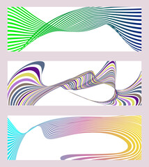 Wall Mural - Wavy lines or ribbons. Set of 3 backgrounds. Multicolored striped gradient. Creative unusual background with abstract gradient wave lines to create a trendy banner, poster. vector eps