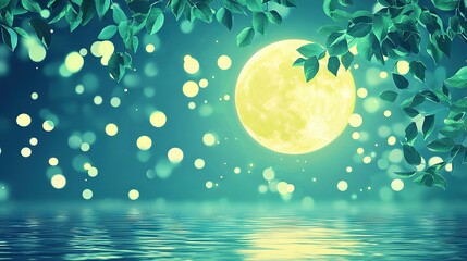 Sticker -   A luminous full moon graces the nocturnal sky above a serene body of water and majestic trees in the foreground