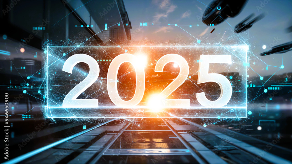 Digital 2025 with Sunset Glow. A digital depiction of 2025 with a ...