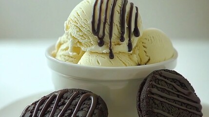   A scoop of vanilla ice cream topped with melted chocolate and served alongside two crunchy biscuits