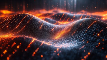 Poster - Dynamic holographic visualizations reveal economic data trends through an abstract landscape featuring glowing patterns and textures, enhancing data comprehension.