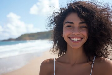 Sticker - A woman with curly hair is smiling at the camera on a beach. She has a bright and happy expression on her face