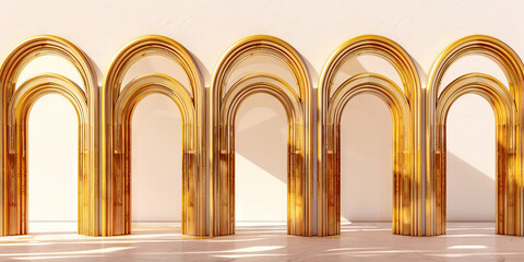 Golden Wooden Arches: A series of arched wooden doorways or entryways with a rich golden finish