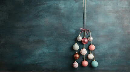 Poster -   A string of ornaments adorns a chalkboard wall, ending in a bow