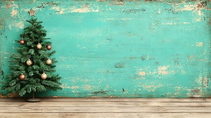 Poster -   A small Christmas tree stands atop a wooden floor, resting against a blue wall and crowned with a shimmering star