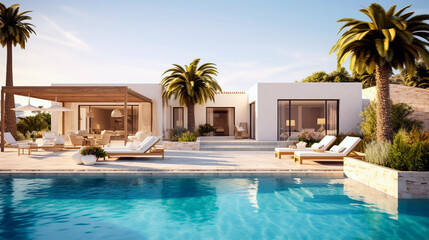 Wall Mural - Modern white villa with swimming pool. Relaxing vacation Mediterranean	