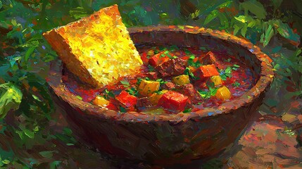 Poster -   A painting of a bowl of stew with a slice of bread protruding from the top, and another slice floating in the center