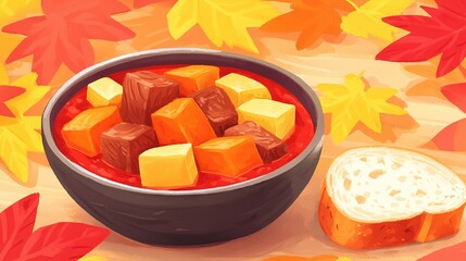 Poster -   A painting depicts a bowl of stew and a slice of bread on an autumn table, surrounded by fallen leaves