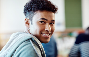 Poster - Student, man and classroom with smile, portrait and cheerful for learning, education and scholarship in Brazil. Male person, happy and lecture for studying, development and knowledge with confidence