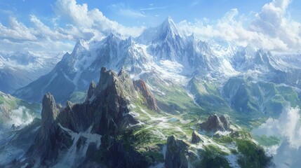 Wall Mural - Snowy Mountain Peaks with a Verdant Valley Below