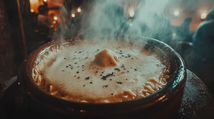 Sticker -   A steamy bowl of soup with a spoon protruding