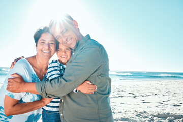 Poster - Beach, grandparents and hug of child, smile and portrait of mature woman with love for family or boy. Outdoor, grandma and care for kid, embrace or man on vacation to relax, fun or travel for holiday