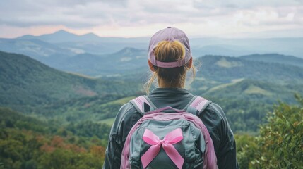 A woman standing in front of a lush landscape with a mountain range in the distance, wearing a pink ribbon on her hiking gear, the sky painted with soft pastel colors, representing the strength and