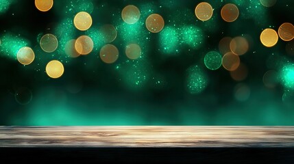 Wall Mural -   a wooden table top with vibrant green and gold lights surrounding it, placed against a blurred background of similar colors