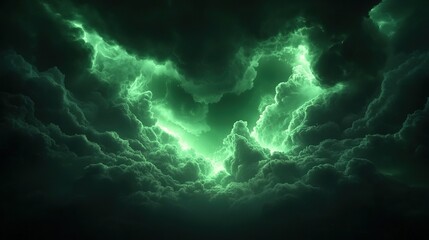 Canvas Print -  A black and green photograph of clouds, with two green lights emanating from the center