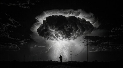 Canvas Print -  Black-and-white photo of a man in front of massive lightning cloud