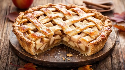 Poster -   A pie on a wooden cutting board with a sliced piece beside it