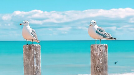 Sticker -   Two seagulls perched on wooden posts by the ocean, beneath a blue sky and fluffy white clouds