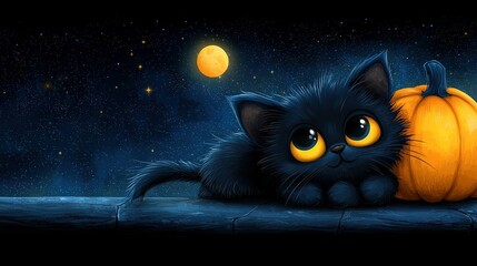 Wall Mural -   A black cat resting on a wooden floor beside a jack-o'-lantern against a night sky background