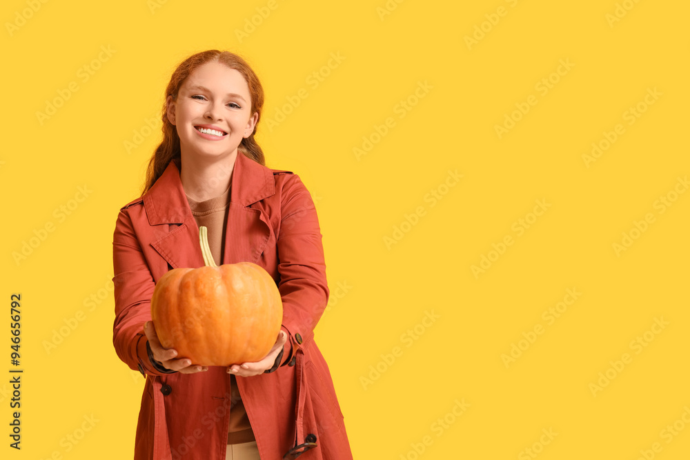 Young woman with pumpkin on yellow background