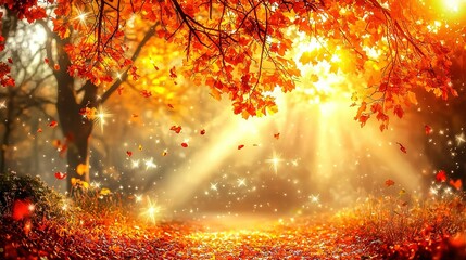 Sticker -   An image showcases a stunning autumn scenery with radiant sunlight filtering through foliage, adorning the foreground Amidst the falling leaves, the scene captures