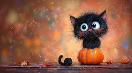   A painting of a black cat sitting atop a pumpkin, with a black kitten perched upon it