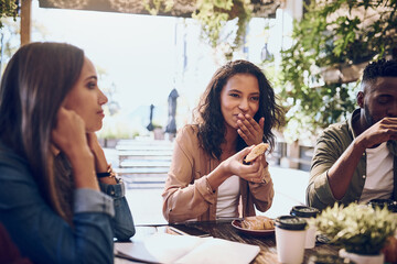 Poster - Collaboration, eating and meeting with business people in coffee shop for discussion or planning. Conversation, food and teamwork with employee group in cafe or restaurant for startup company