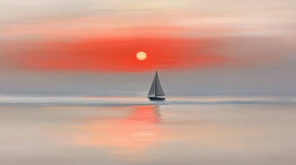 Wall Mural -   A clear photo of a sailboat in the ocean with a red sun in the sky behind it