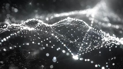 Poster - Abstract futuristic black and white background with a digital wave forming a landscape of bright particles connected by lines, symbolizing connections, technology, and big data