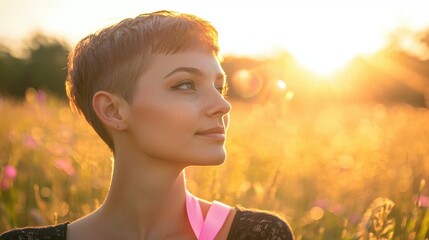 A woman with short hair, a symbol of her battle with breast cancer, standing confidently in a sunlit field with a pink ribbon tied around her wrist, the scene is filled with bright, natural light and