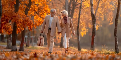 A sophisticated senior couple strolls through autumnal woods, enjoying a romantic and healthy lifestyle.