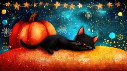 Canvas Print -   A painting depicts a black cat slumbering on top of a table beside a pumpkin and a sky adorned with stars