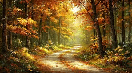 Canvas Print -  A forest road painting, surrounded by lush trees and rustling leaves on either side