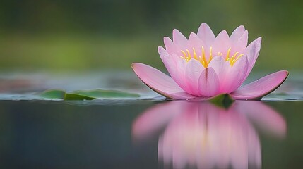 Poster -   A Pink Water Lily Floating on Top of a Body of Water With Lily Pads on the Bottom