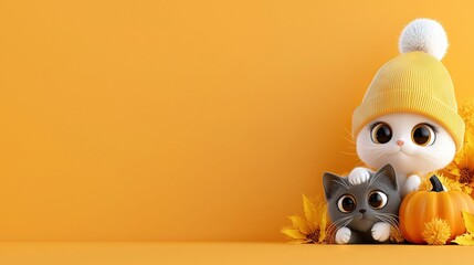 Wall Mural -   A pair of cats lounging beside a sunflower and a feline donning a knitted hat