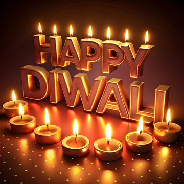 3d glowing candles text in happy Diwali