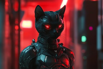 Wall Mural - A captivating image of a black cat wearing a futuristic suit, illuminated by red lights in a cyberpunk setting. The image symbolizes power, mystery, technology, and the blending of nature with technol