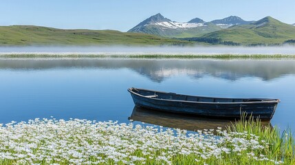 Sticker -   Small boat floating on lake, lush green hill, snow-capped mountains