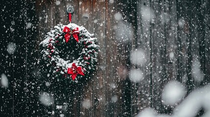 Sticker -   A red bow adorns a wreath hanging on a wooden fence amidst falling snowflakes