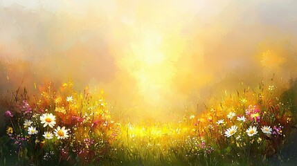 Canvas Print -  A field of wildflowers bathed in sunlight through cloudy skies, with vibrant blooms in both the foreground and background