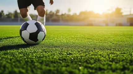 A close-up of a soccer ball on a lush green field with a player in motion during sunset, capturing the spirit of the game.