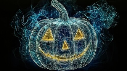 Wall Mural -   A jack-o'-lantern with a glowing pumpkin face and smoke emerging from its base on a black background