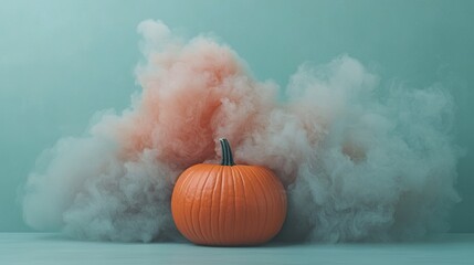 Wall Mural -   An orange pumpkin atop a white table, surrounded by orange-pink smoke against a blue backdrop