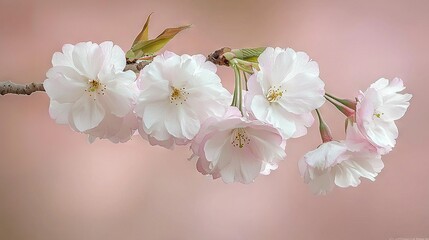 Poster -   Cherry blossom tree with white flowers on a pink background, small bird on a branch