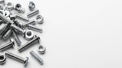 A close-up image of various silver screws and washers scattered on a white background, creating a visually appealing and organized composition.  These fasteners represent the building blocks of constr