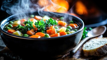 Sticker -   A steaming bowl of soup with carrots, peas, and parsley sits on a table, accompanied by a slice of freshly-baked bread