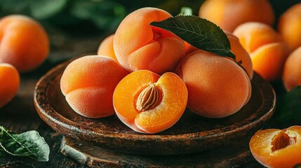 Wall Mural -   A ripe apricot pile rests atop wooden plate, near green foliage