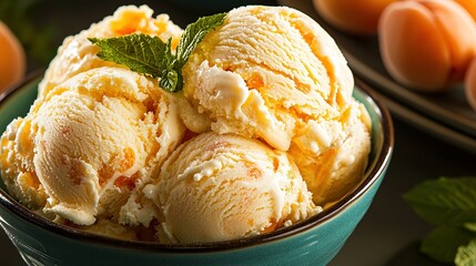 Wall Mural -   Three scoops of ice cream in a blue bowl surrounded by juicy peaches and fresh mint leaves