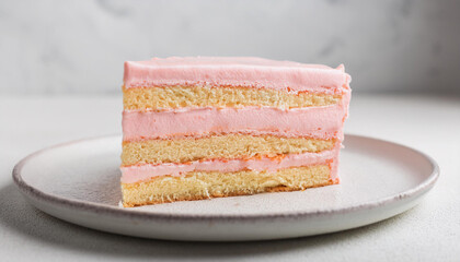 Wall Mural - Slice of creamy cake with layers of pink buttercream and soft sponge on plate. Tasty sweet food